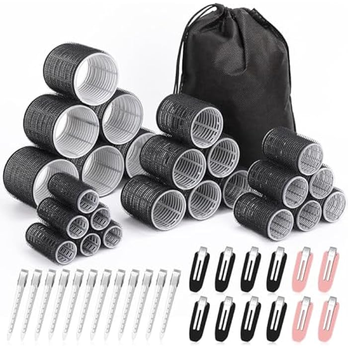 Premify Hair Rollers Set 4 Sizes/50 Pcs with Self Grip Hair Curlers Rollers, 24 Pcs Hair Clips for Blowout Look Long Medium Short Thick Hair Volume (Black) - Image 1